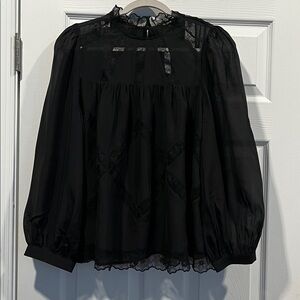 Madewell Silk Lace Inset Long Sleeve Black Top Delicate Intricate Romantic Flowy